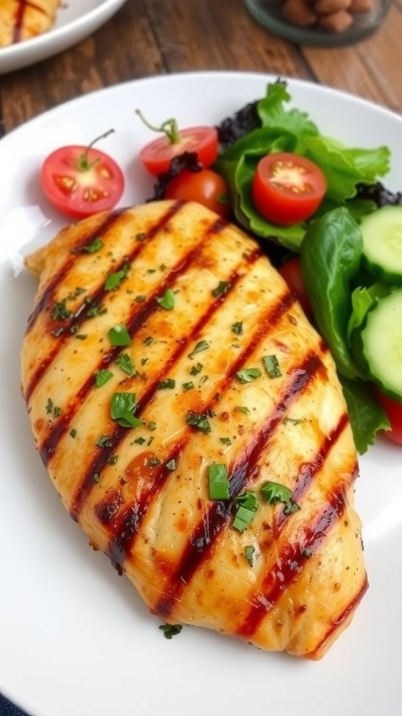 Grilled chicken breast garnished with herbs, served with a fresh salad on a rustic table.